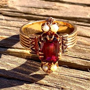 Garnet & Seed Pearl 14K Gold Ring